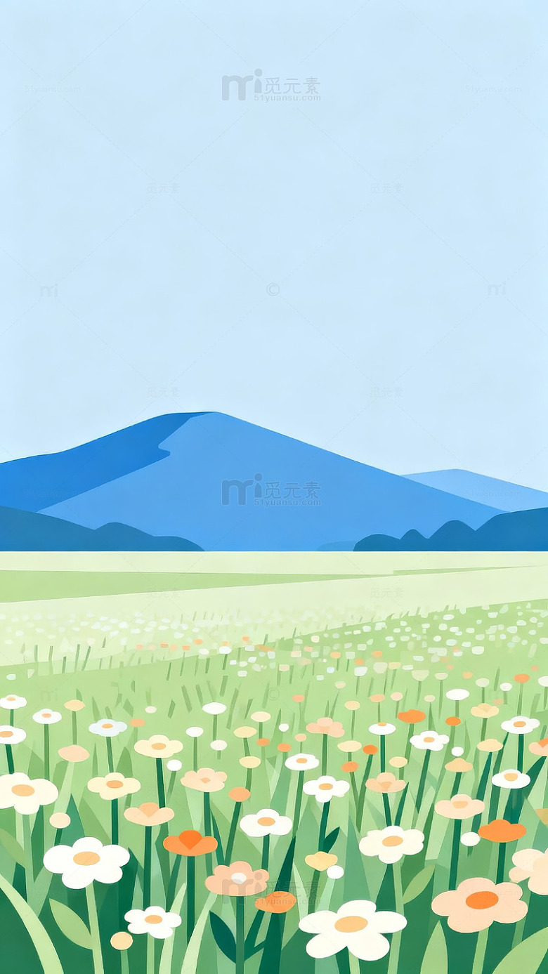 花海山峦插画风景
