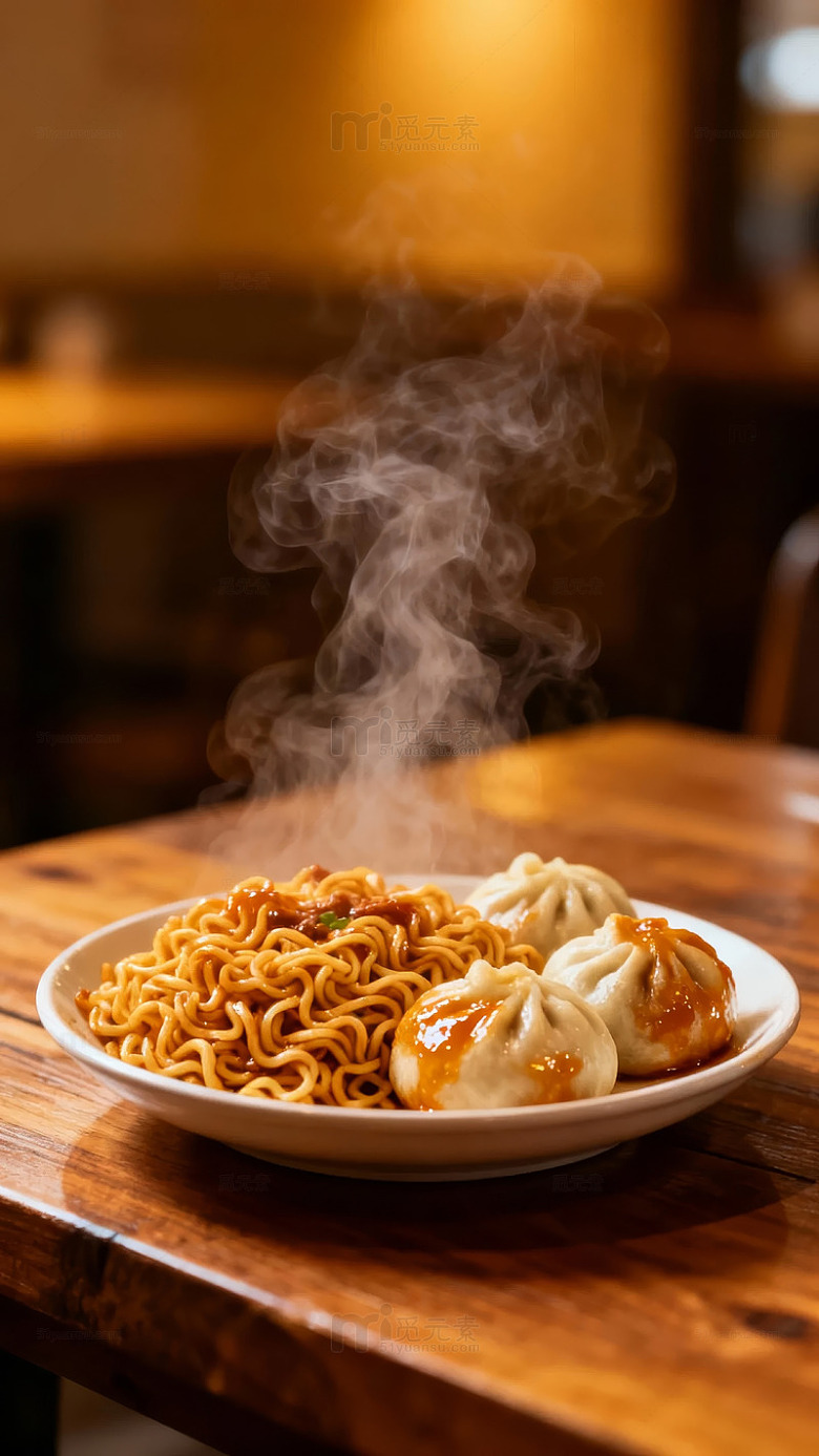 美食热盘蒸腾面条包子