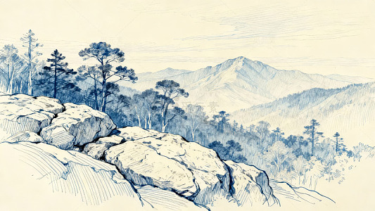 水墨山水素描风景画