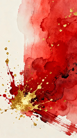 红色金粉水彩抽象画