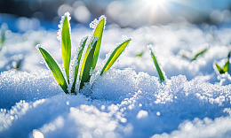 冬日新生绿草雪中挺立