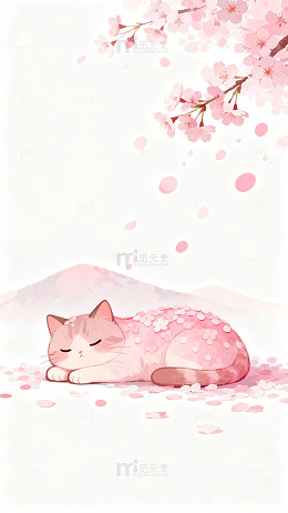 樱花下猫咪睡卧插画