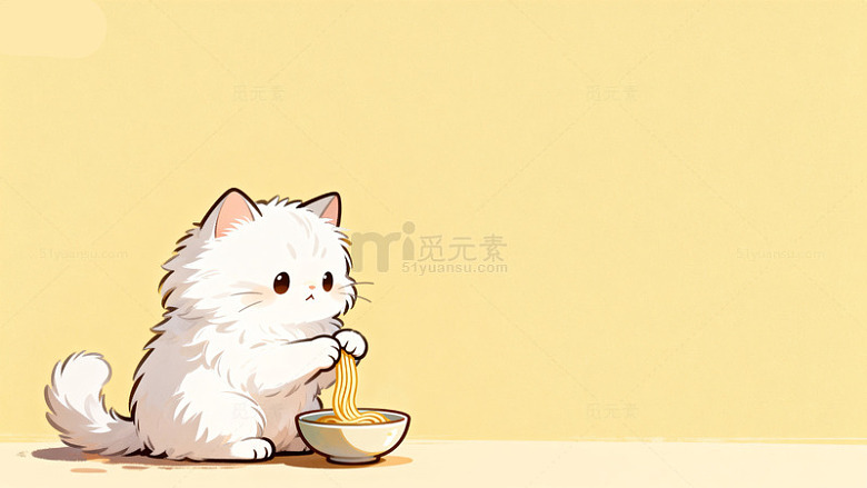 卡通白猫喝汤插画