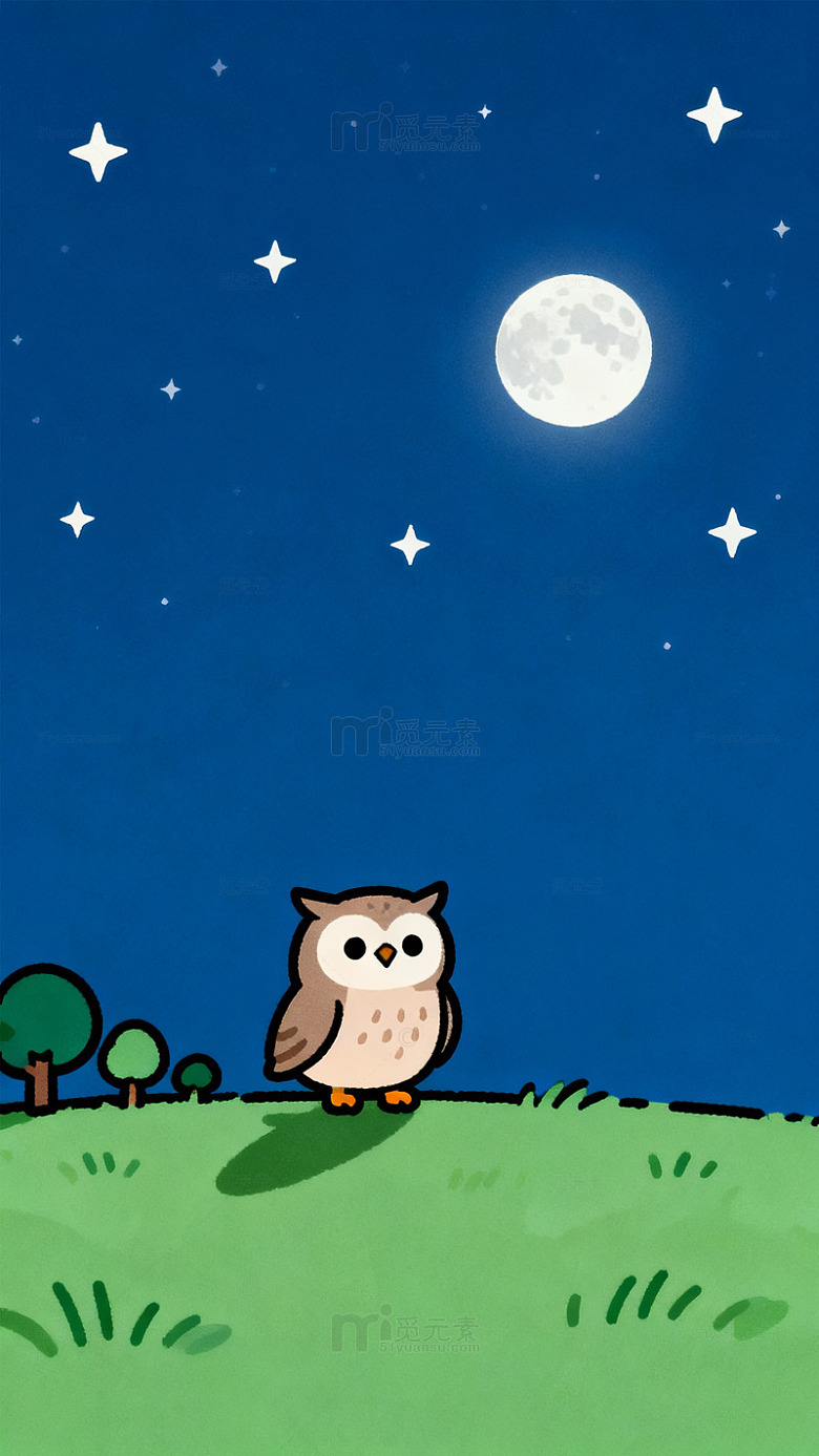 卡通猫头鹰夜空插画
