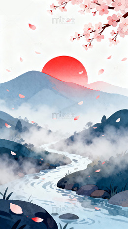 山水日落樱花插画