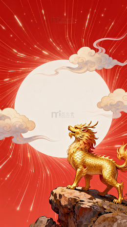 金色麒麟红背景插画