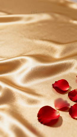 金色丝绸与红玫瑰花瓣