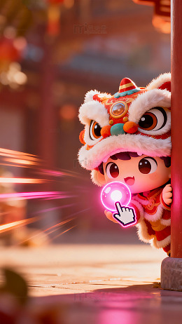 萌趣舞狮玩偶节日氛围图