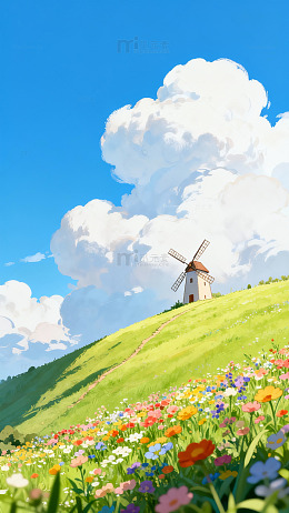 田园风车花卉风景插画