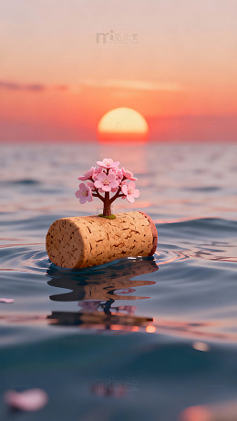 日落花海浮木美景
