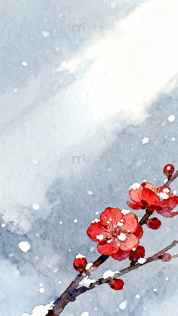 水彩雪中红梅