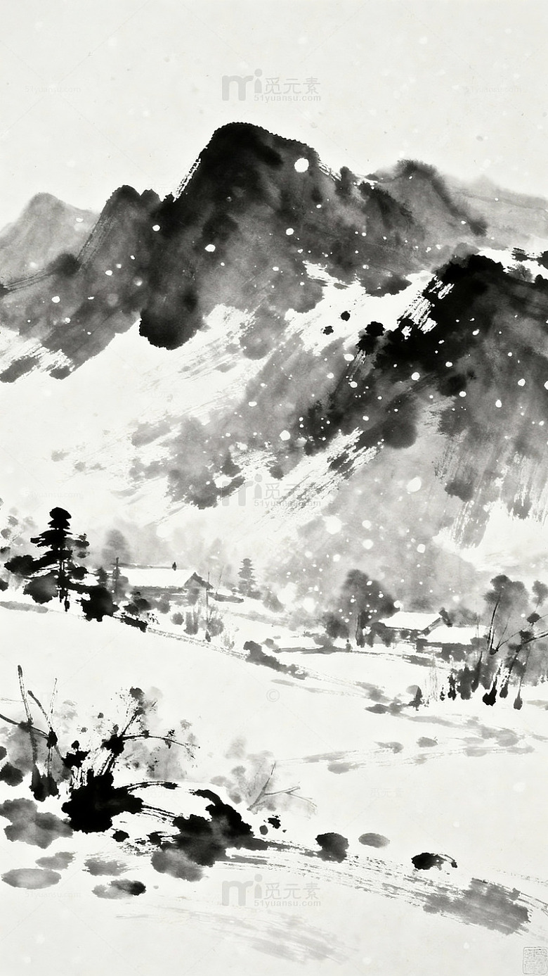 水墨山水画冬日雪景