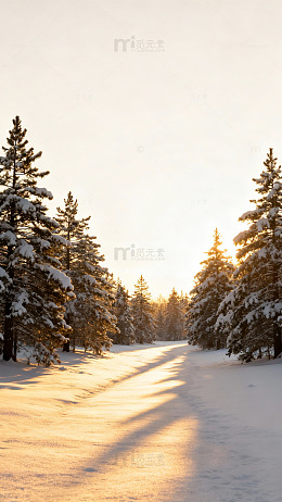 雪景日落松林风景