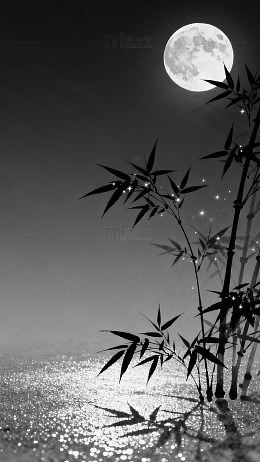 墨竹月光夜景水墨画