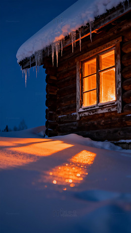 木屋雪景夜晚灯光