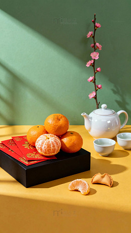 新春佳节橘子茶具静物摄影