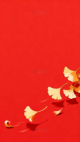 红色背景银杏叶装饰画