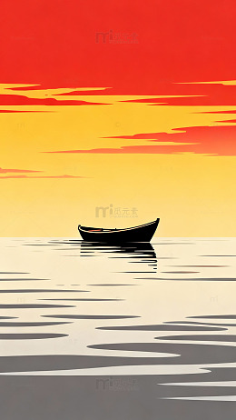 夕阳孤舟水面粉彩画