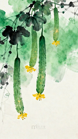 水墨风丝瓜花卉国画装饰画