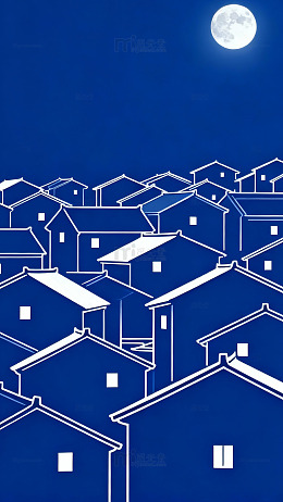 蓝调月夜村庄简笔画0