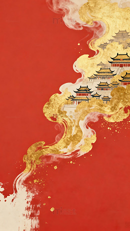 传统宫殿云烟水墨画