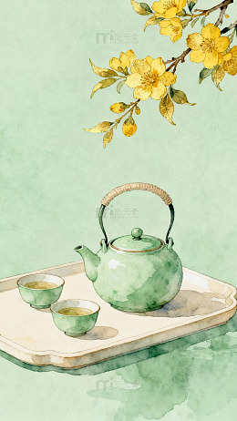 水彩茶具与黄花装饰画