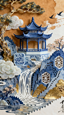 东方亭阁山水剪纸艺术