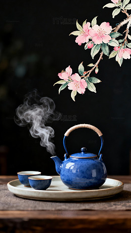 蓝色茶壶樱花树枝静物摄影