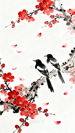 水墨画喜鹊梅花图0