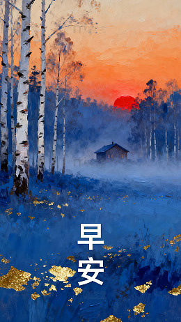 森林日出早安风景画