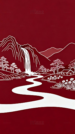 红白剪纸山水风景画
