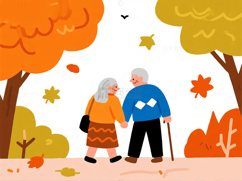 重阳节 秋意浓浓老人散步插画