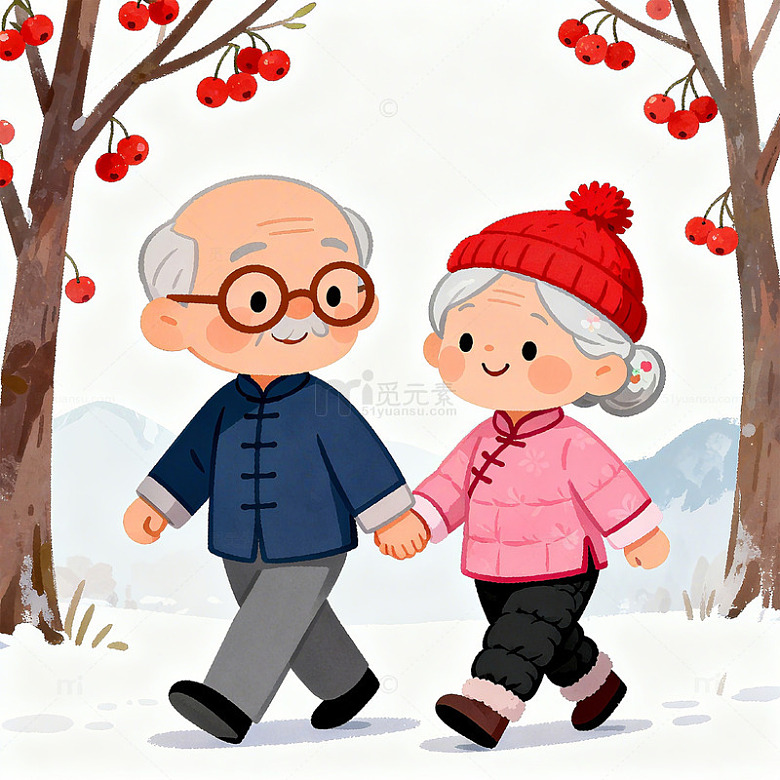 重阳节 冬季漫步老年夫妇卡通插画