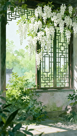 古风窗前白花绽放