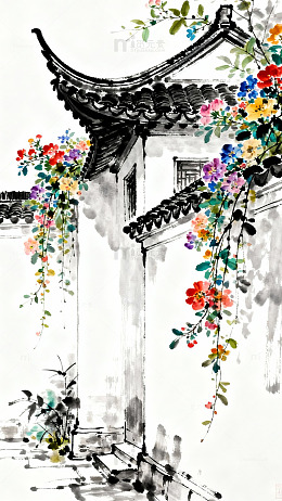 水墨江南庭院花卉图