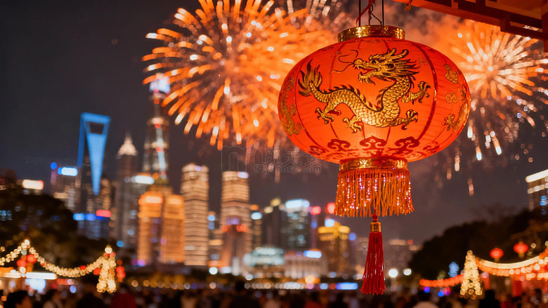 龙年庆典夜景灯笼烟花