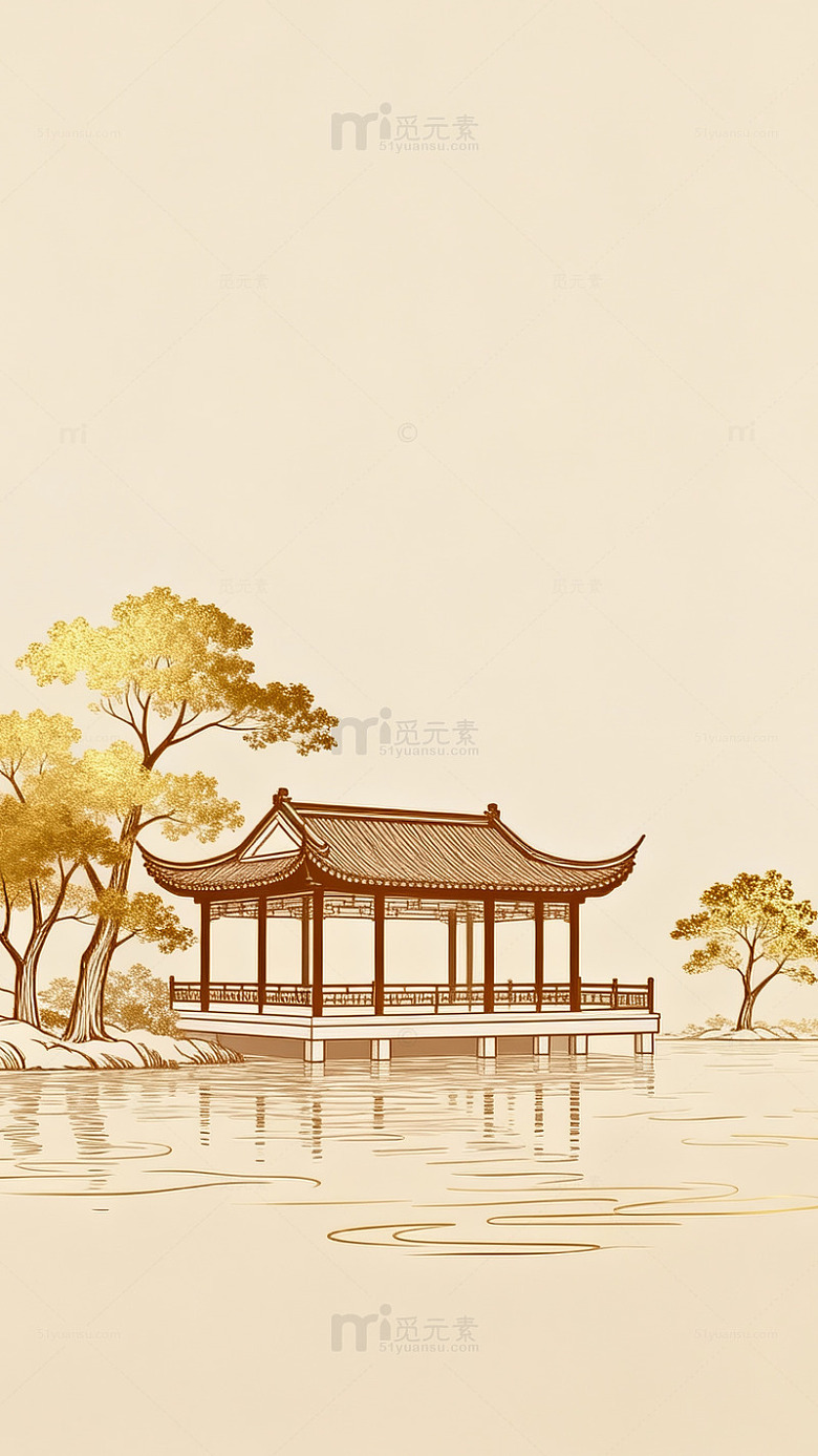 古典园林亭台水景插画