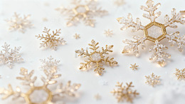 金色雪花装饰点缀白色背景营造节日氛围