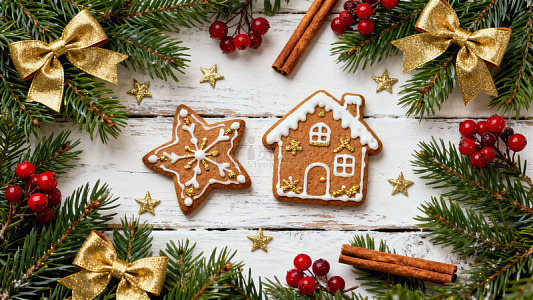 圣诞主题饼干与装饰品摆放在木质背景上
