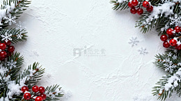 雪覆盖的圣诞树枝与红色浆果构成的节日边框