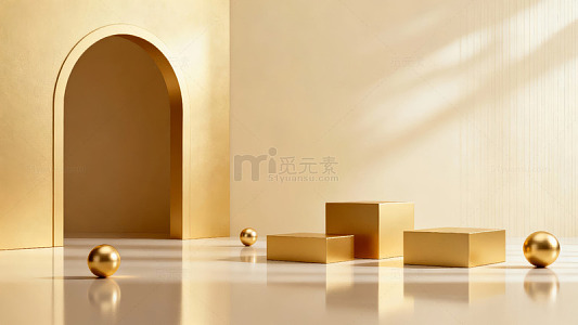 金色几何体与拱门构成的简约现代空间