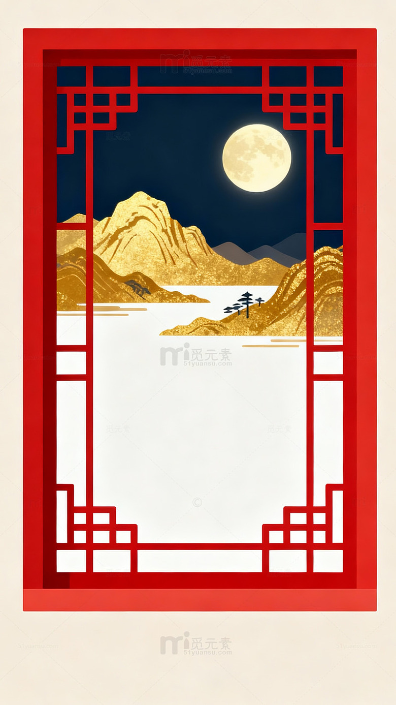 中式窗框山水画意境图