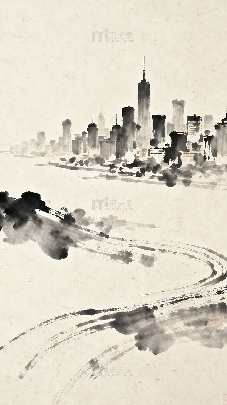 水墨城市天际线山水画
