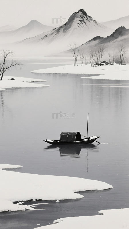 水墨冬日湖光山色风景画