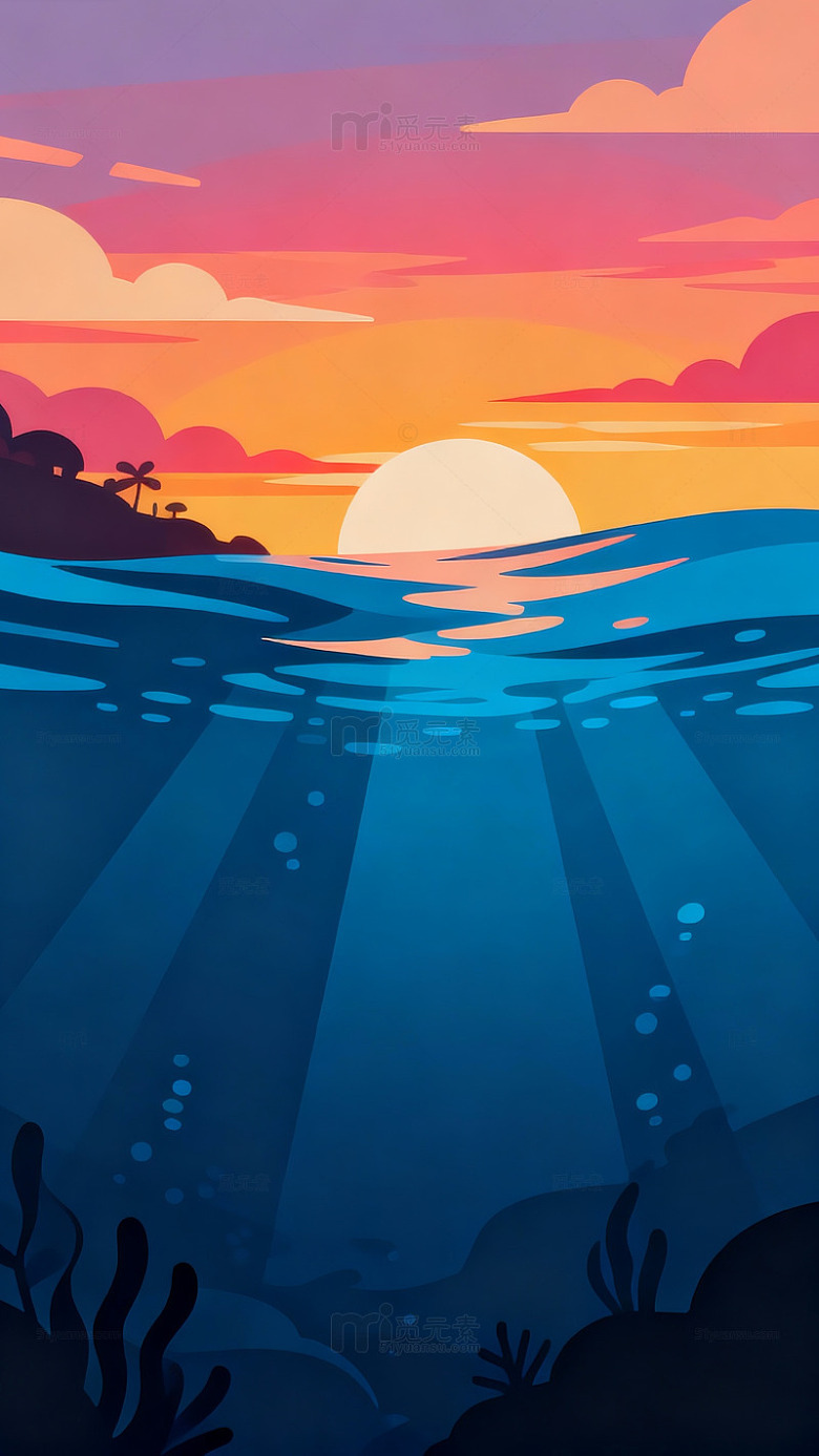 日落海洋插画平面设计图