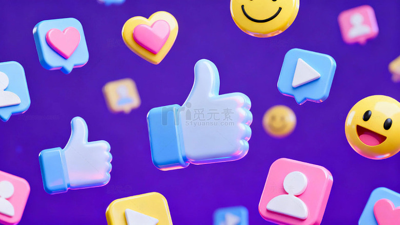 多彩社交媒体图标在紫色背景上漂浮