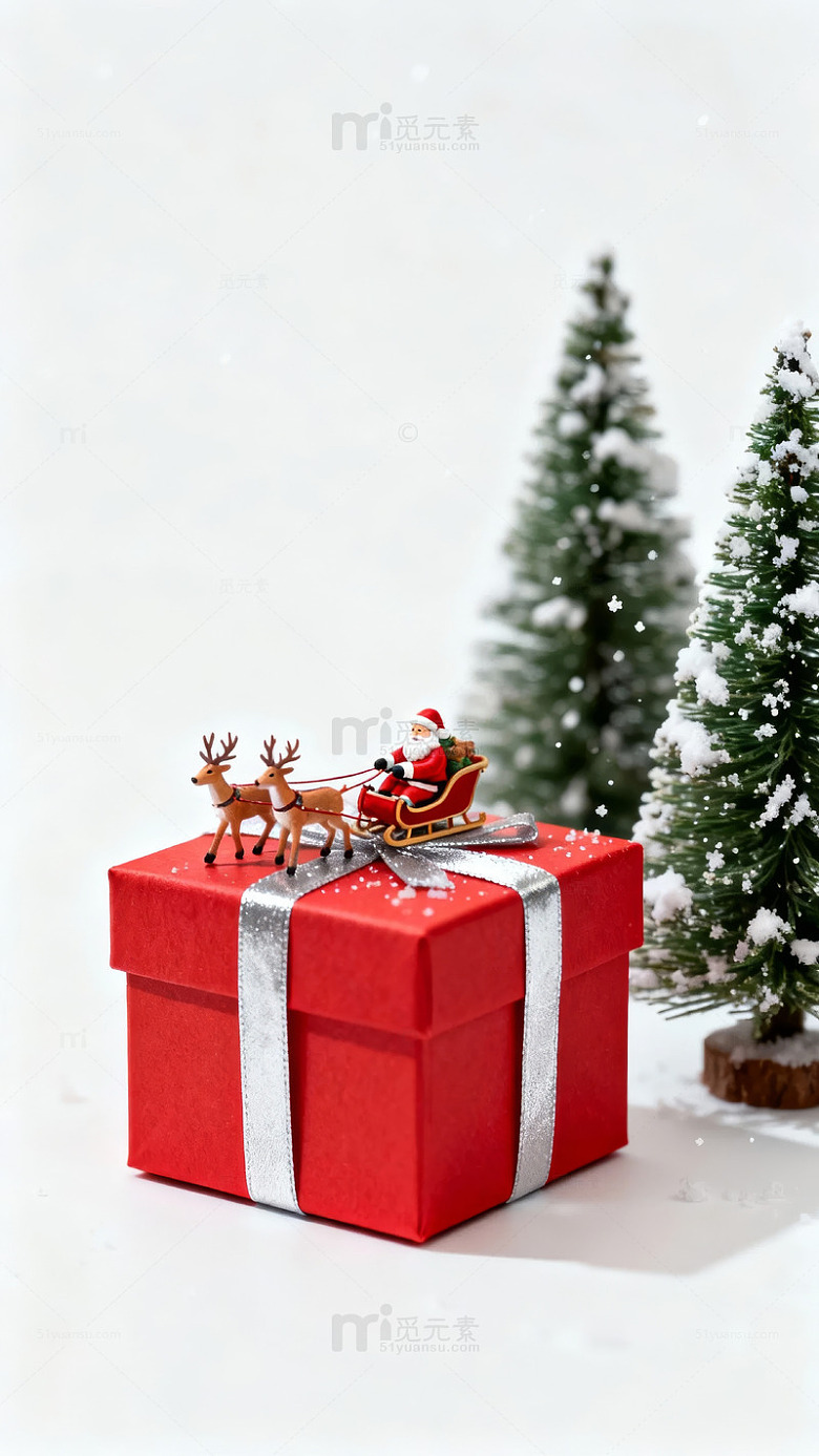 圣诞老人雪橇礼物盒与雪景松树