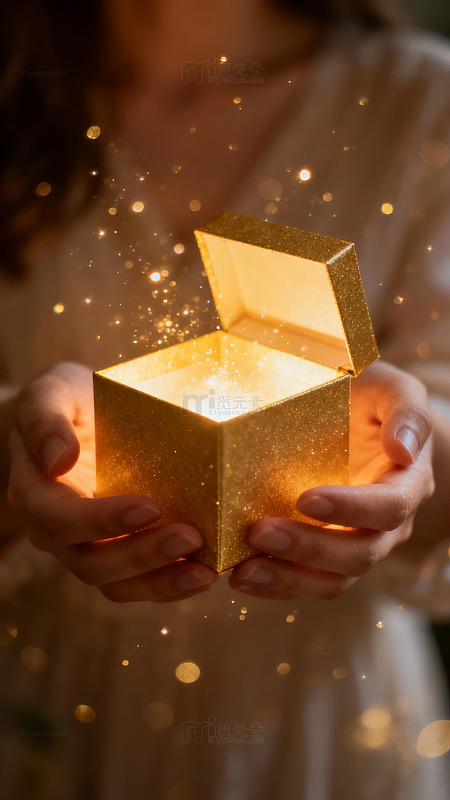 双手捧着发光金色礼盒内有闪耀光芒