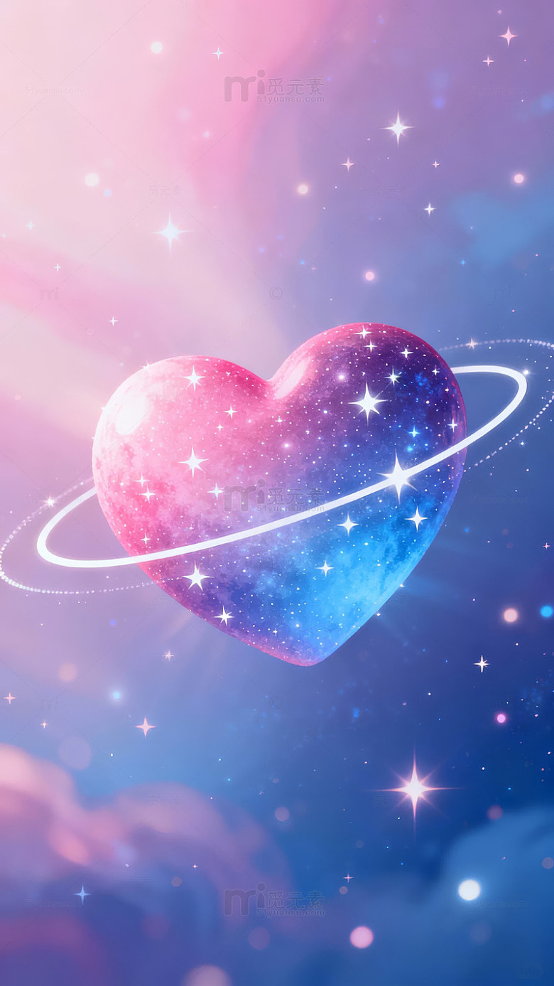 心形星球悬浮于星空宇宙中