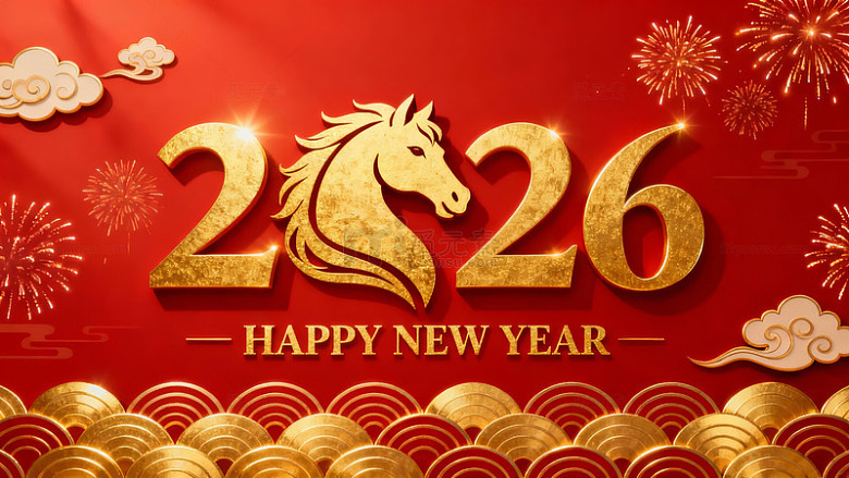 红色背景金色马年2026新年庆祝图案